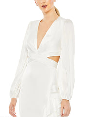 White Cut Out Asymmetrical Ruffled Gown