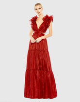Red Ruffled Shoulder Cut Out Soft Tie Back Tiered Gown