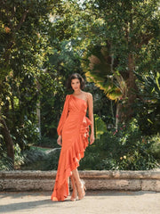 Orange One Sleeve Cut Out Asymmetrical Ruffled Gown