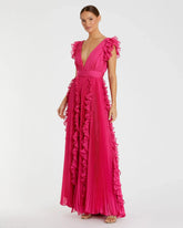Pink Pleated Ruffle Cap Sleeve Flowy A Line Gown