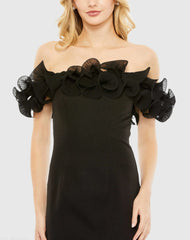 Black Off the Shoulder Ruffle Detail Column Gown