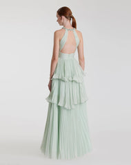 Green High Neck Chiffon Tiered Gown with Cut Out