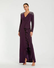 Purple Long Sleeve Gown with Cascading Ruffle & Rhinestone Shoulders