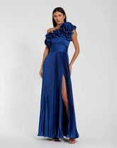 Blue Pleated Charmeuse One-Shoulder Evening Gown with Ruffle Detail