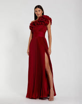 Red Pleated Charmeuse One-Shoulder Evening Gown with Ruffle Detail