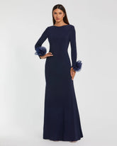 Navy Long Sleeve Fitted Jersey Gown With 3D Flowers