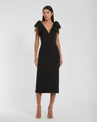 Bow Strap Crepe Fitted Midi Dress