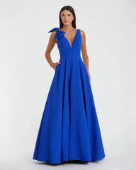 Blue Sleeveless Plunge Neck Crepe Ballgown With Bow Detail