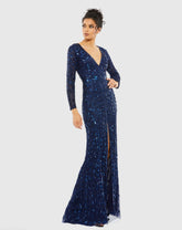Navy Embellished Front Slit Long Sleeve Gown
