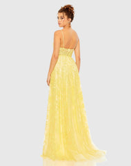 Yellow Floral Applique Cami A Line Gown