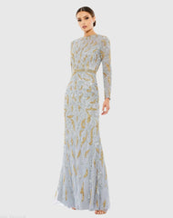 Gray Long Sleeve Beaded Evening Gown