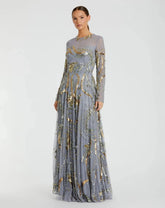 Blue and Gold Long Sleeve Embellished Illusion Evening Gown