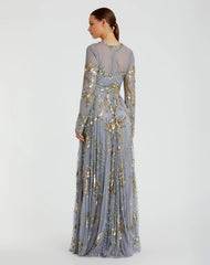 Blue and Gold Long Sleeve Embellished Illusion Evening Gown