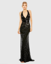 Black Sleeveless Faux Wrap Sequin Embellished Cut Out Back Gown