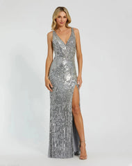 Silver Beaded Floral Sleeveless Gown