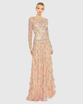 Pink Embellished Illusion High Neck Long Sleeve A Line Gown