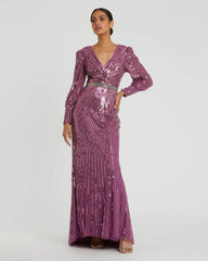 Purple Sequined Wrap Over Bishop Sleeve Gown