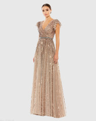 Beige Sequined Wrap Over Ruffled Cap Sleeve Gown