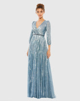 Sequined Wrap Over 3/4 Sleeve Gown