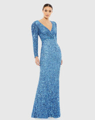 Blue Puff Shoulder Sequined Surplice Gown