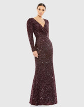 Red Puff Shoulder Sequined Surplice Gown