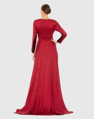 Red Long Sleeve Ruched Waist A-Line Gown
