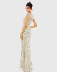 White and Silver Embellished Illusion Cap Sleeve Column Gown