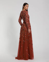 Red Embellished High Neck Long Sleeve A Line Gown