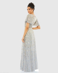 Silver Embellished V Neck Butterfly Sleeve Column Gown