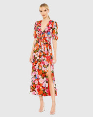Multicolor Floral Print Front Tie Puff Sleeve Flowy Midi Dress