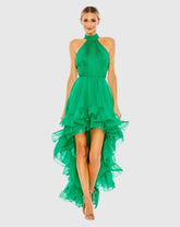 Green Ruffle Tiered High Low Pleated Halter Neck Gown