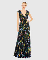 Multicolor Pleated Floral Cap Sleeve A Line Gown