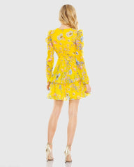 Yellow Floral Print Puff Sleeve Ruffled Mini Dress