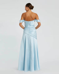 Blue Satin Off The Shoulder Crossover Gown