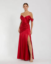 Red Satin Off The Shoulder Crossover Gown