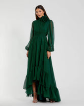 Green High Low Long Sleeve Chiffon Gown With 3D Flower