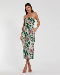 Multicolor Floral Brocade Strapless Fitted Midi Dress