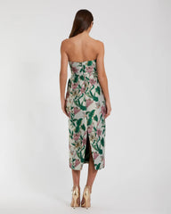 Multicolor Floral Brocade Strapless Fitted Midi Dress