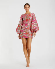 Pink Floral Brocade Balloon Sleeve Mini Dress