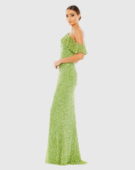 Green Sequined Drop Shoulder Trumpet Gown