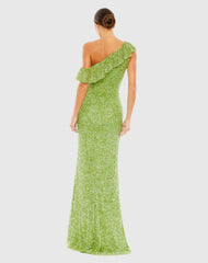 Green Sequined Drop Shoulder Trumpet Gown