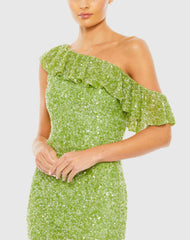 Green Sequined Drop Shoulder Trumpet Gown