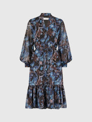 Blue Lurex Chiffon Bishop Sleeve Button Up Midi Dress
