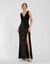 Black Deep V High Slit Draped Velvet Fitted Gown