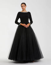 Black Embellished Jersey Long Sleeve Ballgown With Tulle Skirt