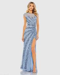 Embellished Illusion High Neck Cap Sleeve Gown