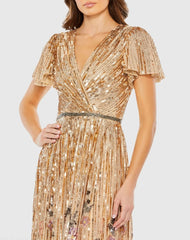 Gold Flounce Sleeve V Neck Gown