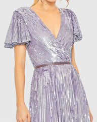 Purple Flounce Sleeve V Neck Gown