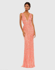 Sequined Plunge Neck Sleeveless Column Gown