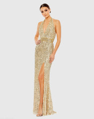 Sequined Halter Strap Trumpet Gown